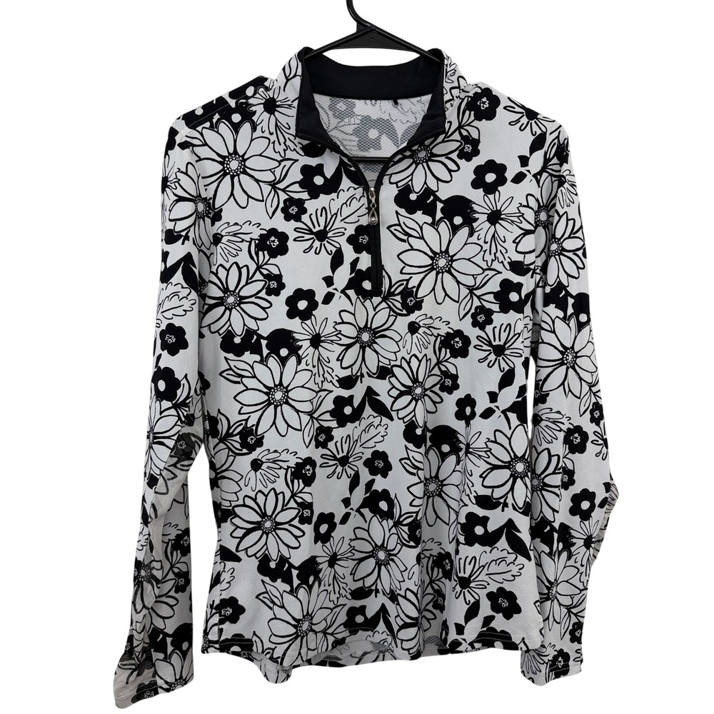 SanSoleil Top Womens Medium White Black Floral Print UV50 Quarter Zip Mock Neck